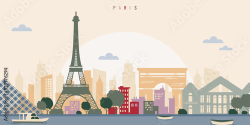 Flat illustration of city silhouette, city architecture and elements