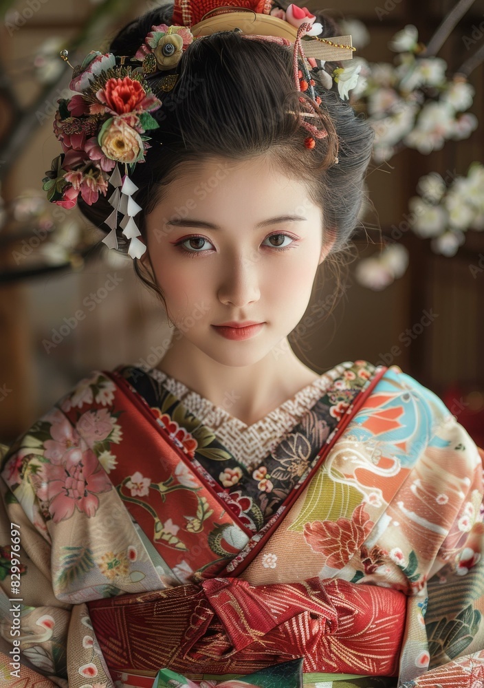 Portrait of a young Japanese woman in traditional kimono Portrait of a young Japanese woman in traditional kimono
