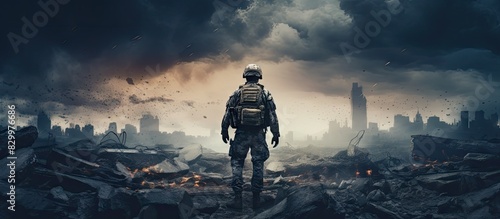 A person veteran walks bravely in the midst of war defending and securing their country against enemy forces with copy space image