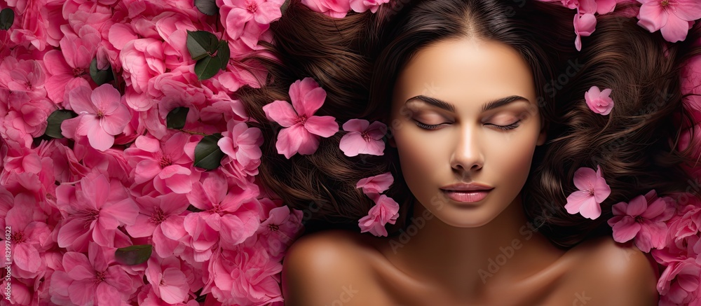Copy space image of a beautiful brunette spa lady adorned with vibrant pink flowers Copy space image of a beautiful brunette spa lady adorned with vibrant pink flowers