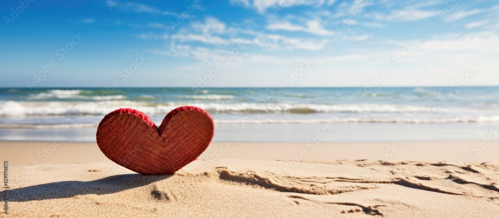 Fototapeta premium A close up of a red wooden cutout in the shape of I love you is placed on the sandy beach representing a honeymoon vacation concept with copy space image 163 characters