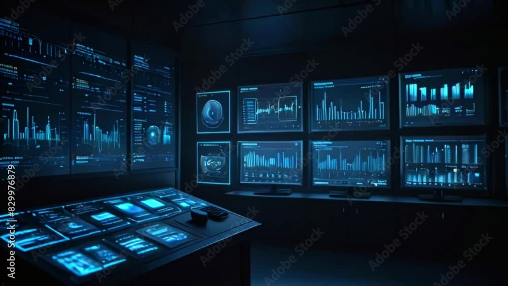 Digital computer screens displaying financial analytical data in a modern monitoring office, where finance specialists sit in front of the computers. Digital computer screens displaying financial analytical data in a modern monitoring office, where finance specialists sit in front of the computers.