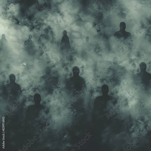 Seamless Pattern of Eerie Faceless Figures Moving Through Thick Fog - Ideal for Horror Games and Haunted Attractions Design