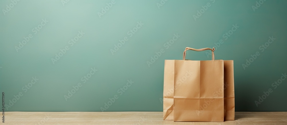 Mint background with blank paper bag providing space for text. with copy space image. Place for adding text or design Mint background with blank paper bag providing space for text. with copy space image. Place for adding text or design