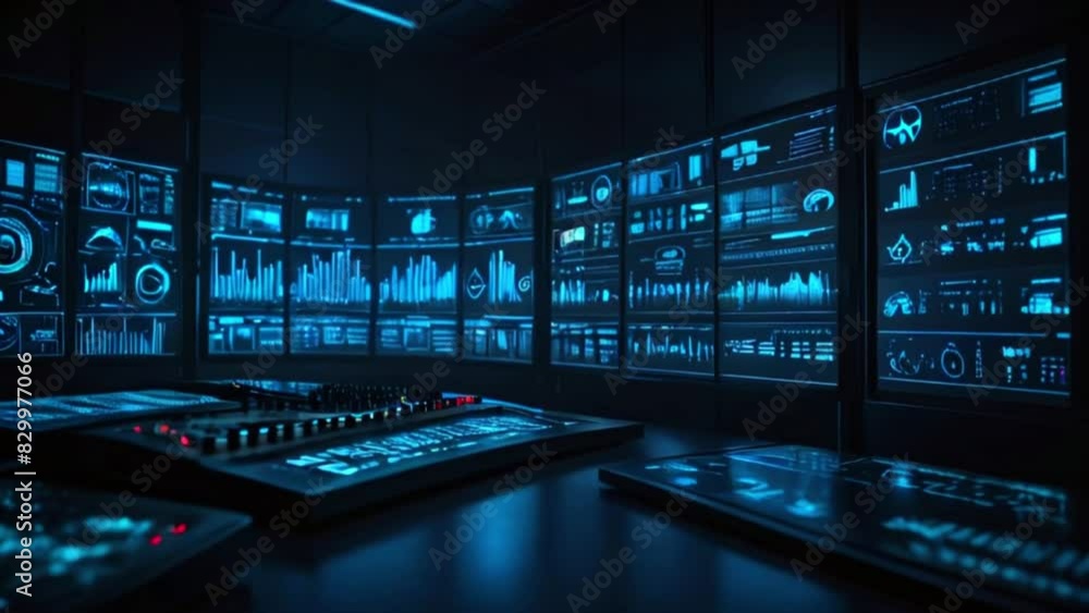 Digital computer screens showing financial analytical data in a contemporary monitoring office, with finance specialists seated before the computers. Digital computer screens showing financial analytical data in a contemporary monitoring office, with finance specialists seated before the computers.