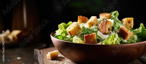 A delicious Caesar salad accompanied by croutons is presented on a rustic grunge background with ample copy space