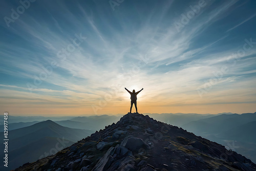 A lone person stands on top of a big mountain with hands towards the sky as to celebrate their achievement