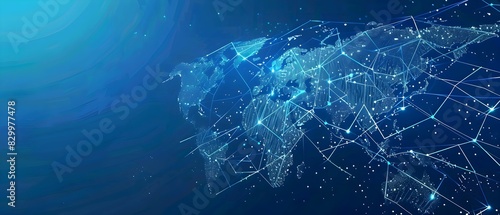 Abstract digital world map on blue background with binary code and global network connection technology concept, data transfer and cyber security in the cyberspace