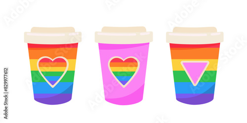Set of vector paper cups with LGBT logos on white background.