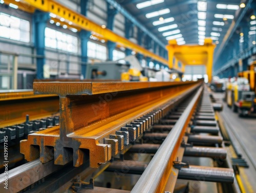 Closeup of steel beams being processed on an assembly line in a factory Hightech machinery and skilled labor, isolated on white background for technical brochures