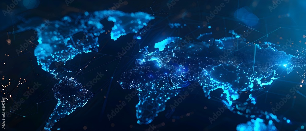 Abstract digital world map on blue background with binary code and ...