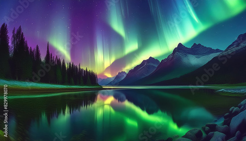 Generated image of a night landscape of a spectacular full spectrum display of the Aurora Borealis or commonly known as the northern lights. photo