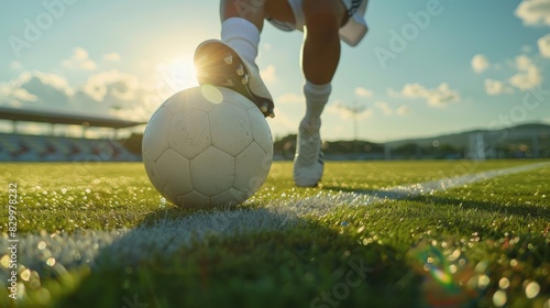 Close-up of Professional soccer kid player kicking football ball at stadium