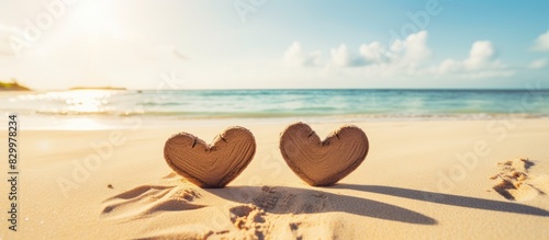 A hand drawn shape of three hearts is beautifully etched on the sandy shore of a tropical beach symbolizing Valentine s Day This image evokes the idea of a holiday that celebrates love togetherness a photo