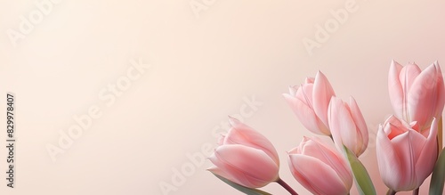 A close up image of pink tulip flowers with a beige background providing ample copy space It serves as a floral template or a beautiful botanical art poster