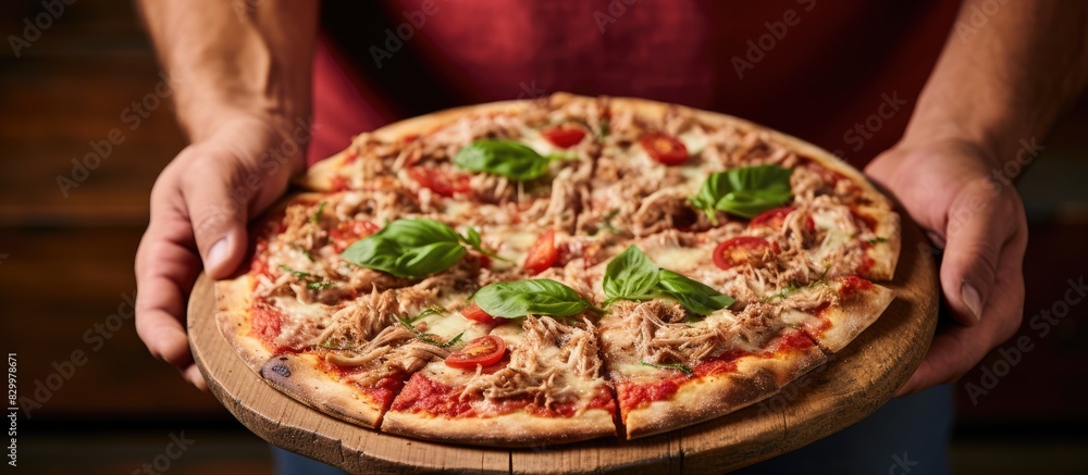 A man holds a homemade tuna pizza with fresh basil while an old wood background creates a rustic setting for the copy space image