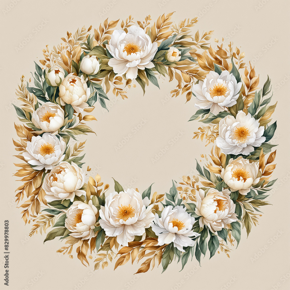 Floral Frame of White Peonies and Golden Leaves in Circular Formation on White Background. Concept: Elegance, Botanical Design. Floral Frame of White Peonies and Golden Leaves in Circular Formation on White Background. Concept: Elegance, Botanical Design.