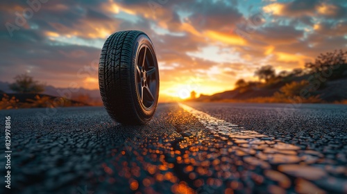 Tire on straight road. Behind it there is copy space for text. Background sunset
