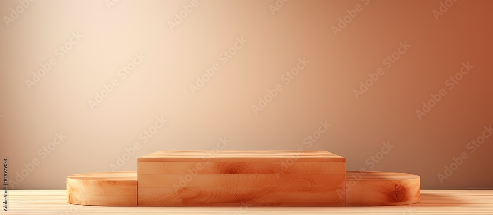 A front view of a wooden podium on a beige background creates a copy space image for showcasing products A front view of a wooden podium on a beige background creates a copy space image for showcasing products