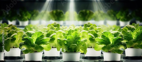 A close up copy space image of hydroponic lettuce grown in stacked tower level pots illuminated by rows of LED grow lights in a home style hydroponic garden photo