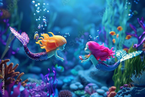 Two vibrant mermaids with colorful hair swimming gracefully underwater amongst vibrant coral reefs and marine plants.