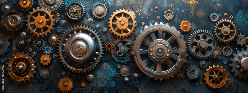 A collection of mechanical gears and cogs. A collection of mechanical gears and cogs.