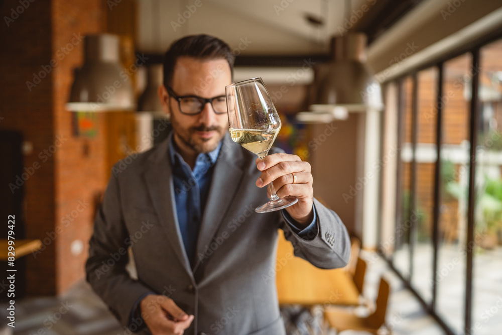 Adult man stand in a winery and hold glass of wine Adult man stand in a winery and hold glass of wine
