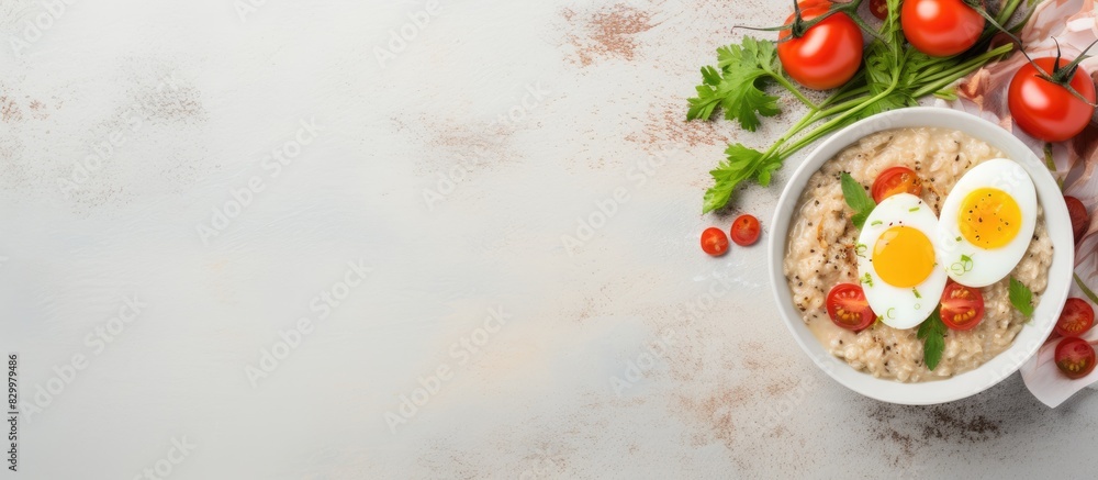 A healthy balanced meal consisting of breakfast oatmeal porridge with a boiled egg cherry tomatoes sweet peppers and lettuce The view is from the top overhead providing a copy space image