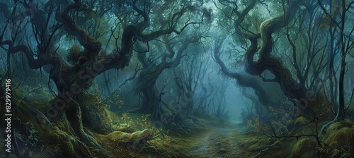 Nightmarish Forest Path Banner - Twisted Trees Whispering Secrets on a Eerie Trail - Perfect for Halloween Design, Print, Card, Poster