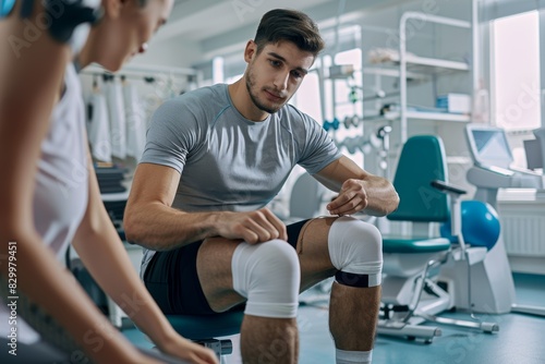 Male Athlete with Knee Brace Performing Rehabilitation Exercises Guided by Physiotherapist in Modern Clinic
