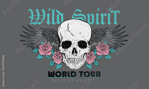 Skull with eagle wing artwork. Rose power. Rock and roll vector graphic print design for apparel, stickers, posters, background and others. Wild spirit. World music tour poster.	