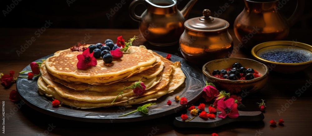 Besan Cheela pancakes Chilla adorned with flowers berries leaf and green chili are showcased on a plate atop a round wooden tray accompanied by a kettle and a cup while red syrup is poured onto them Besan Cheela pancakes Chilla adorned with flowers berries leaf and green chili are showcased on a plate atop a round wooden tray accompanied by a kettle and a cup while red syrup is poured onto them