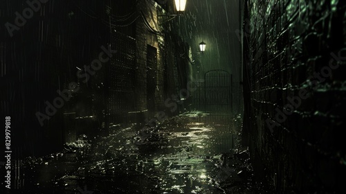 Atmospheric Night Alley Wet from Rain Reflecting Streetlights - Perfect for Suspenseful Scenes and Nightmare Settings