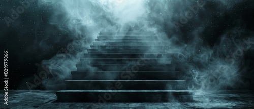 The dark, mysterious staircase leads to an unknown destination. The atmosphere is foggy and uncertain. photo