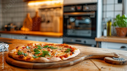 Close up of countertop in kitchen with pizza and wooden boards. remote working, start up business, food, drink, interior, design and domestic life concept