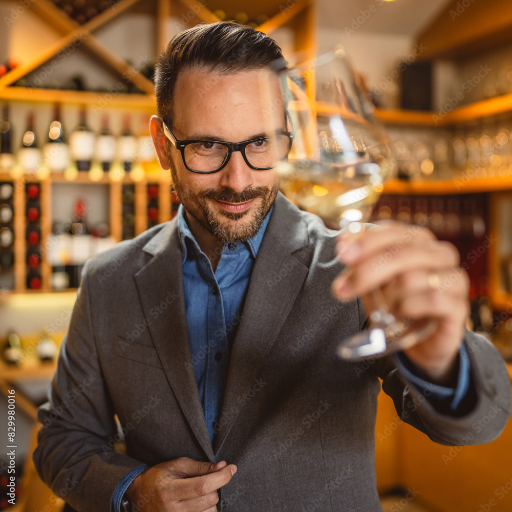 Adult man stand in a winery and hold glass of wine