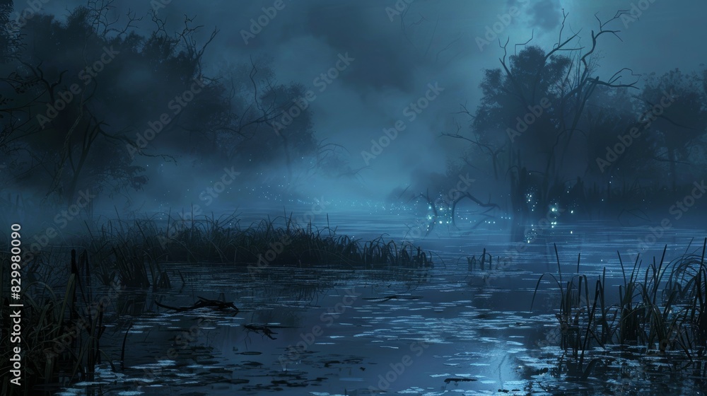 Eerie Nighttime Marsh with Luminescent Creatures - Perfect for Halloween Designs, Posters, and Prints