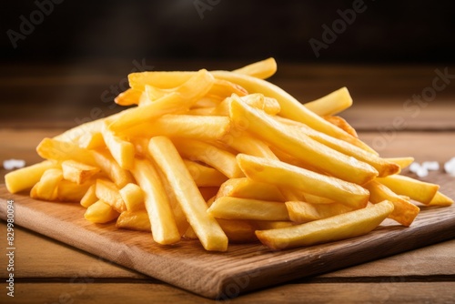 Tasty french fries on a ceramic tile against a whitewashed wood background