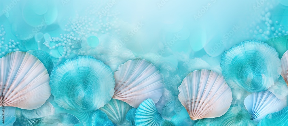 Copy space image of a beautiful shell pattern on a themed summer sea blue background providing room for inscription text and words Copy space image of a beautiful shell pattern on a themed summer sea blue background providing room for inscription text and words