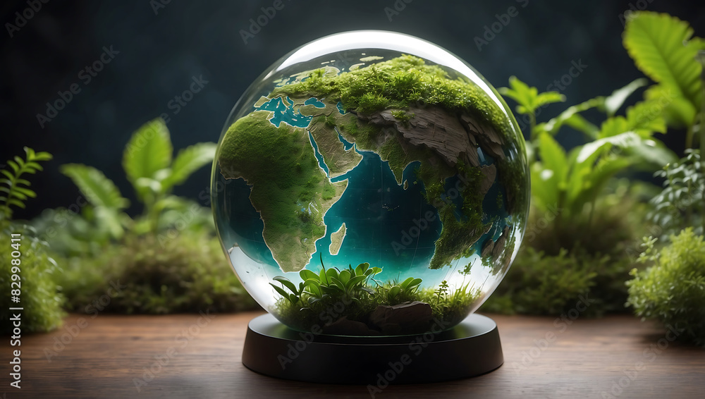 World environment day, Surrounding the globe are small plants and leaves extending outward, symbolizing nature and environmental growth against a dark blurred background
