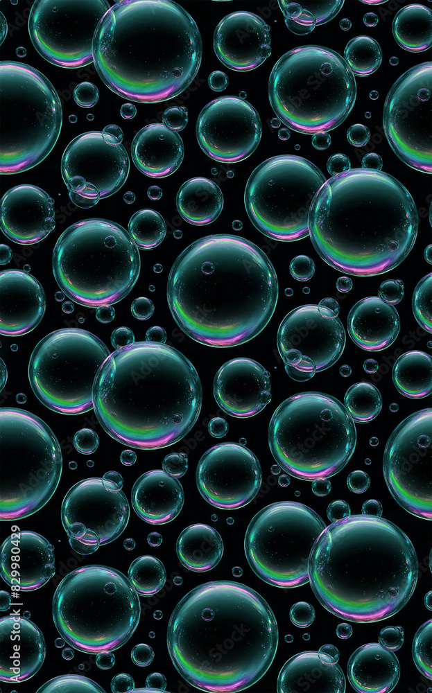 Hyper-realistic collection of bubbles against a dark background. These bubbles are transparent with a rainbow-colored running Hyper-realistic collection of bubbles against a dark background. These bubbles are transparent with a rainbow-colored running