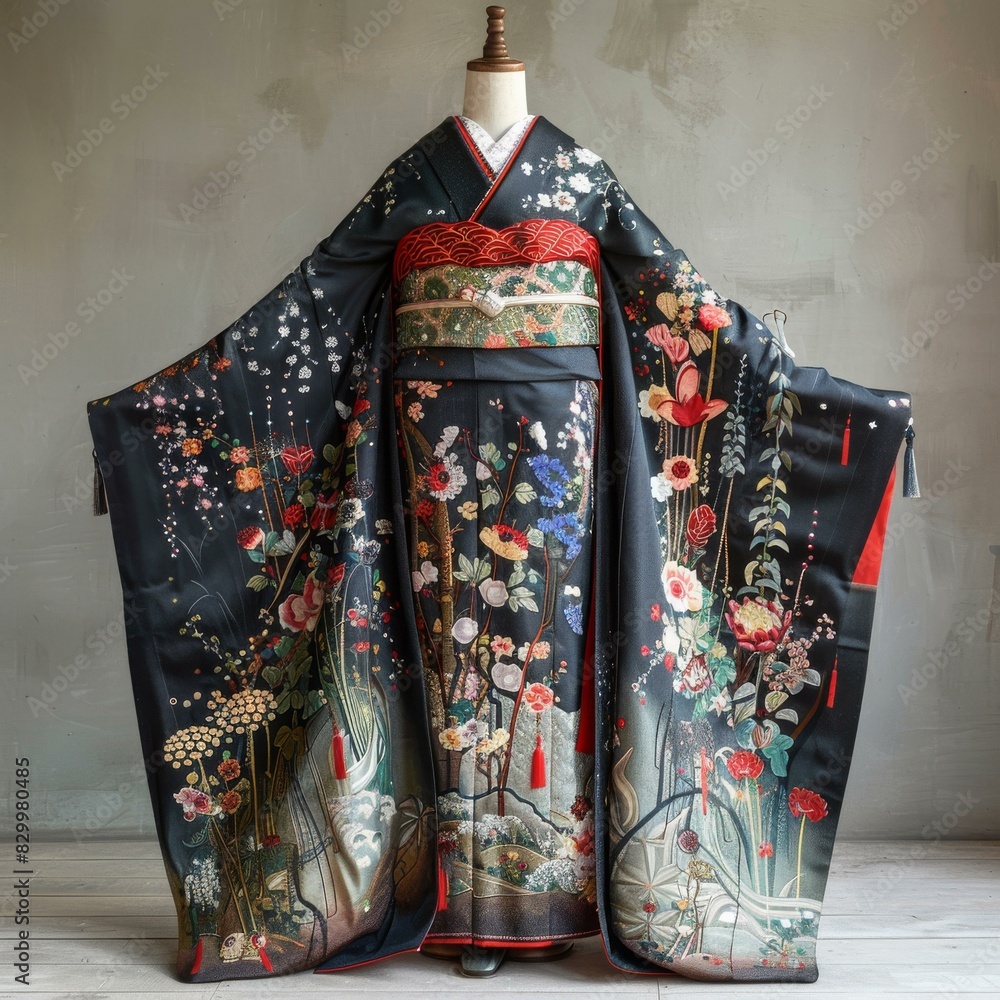 Naklejka premium A woman wearing a kimono with a floral pattern