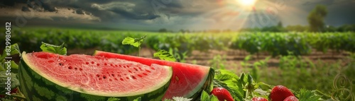 Fresh juicy watermelon and green leaves in a vibrant countryside field with bright sunlight and a scenic landscape in the background. photo
