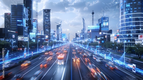 A cityscape transformed by 5G Technology, with ultra-fast, low-latency connections enabling smart vehicles, devices, and infrastructure photo