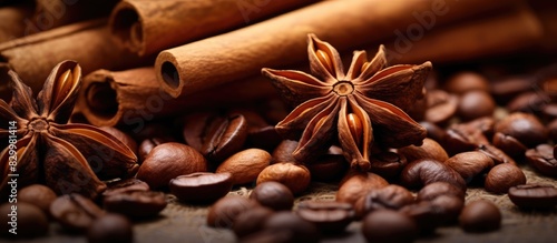 Closeup of coffee beans and cinnamon sticks with copy space image