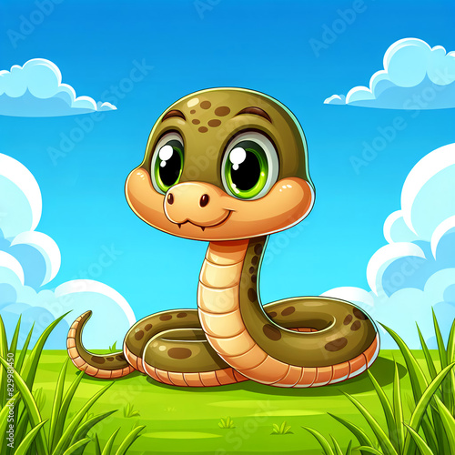 Cute Cartoon Green Snake on Green Meadow with Blue Sky and Clouds, Symbolizing 2025. Concept: Serene, Nature-Inspired Design.