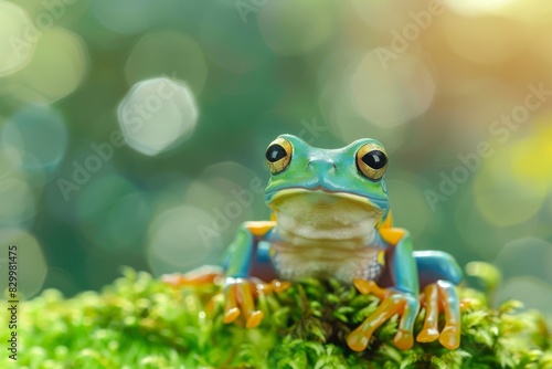Vibrant Red-Eyed Tree Frog Perched on Mossy Green Background