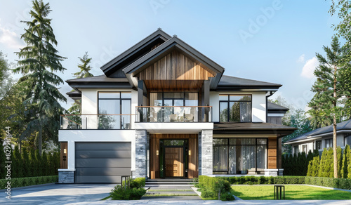 3D rendering of a white, modern house with two floors and a basement floor. The building is made with light wood cladding and large windows on the first floor to allow natural lighting into the home f © Kien