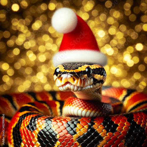 Festive Snake Wearing Santa Hat on Golden Bokeh Background, Symbolizing 2025 Celebration.