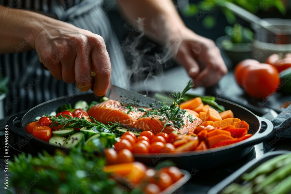 Close-up of chef's hands cooking salmon and vegetables in a pan.  Steam rises from the food, creating a sense of culinary delight.